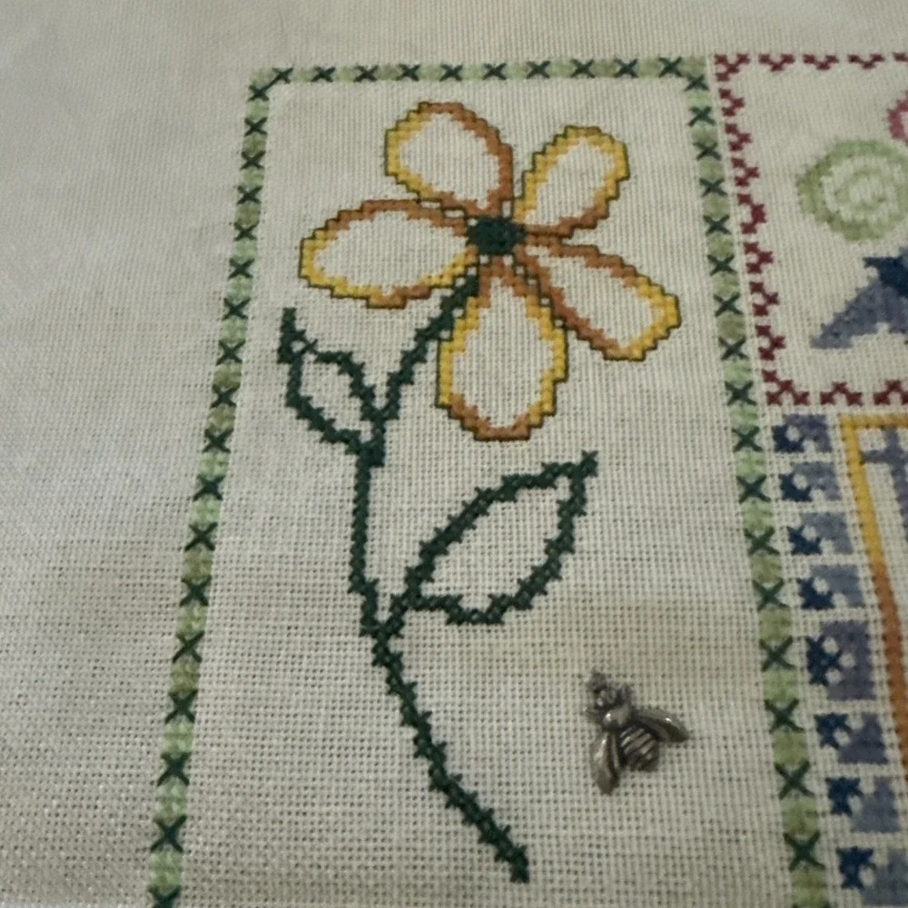 Vtg Completed Cross Stitch Quilt Style 13x9 Granny Core‎ Bird House Floral